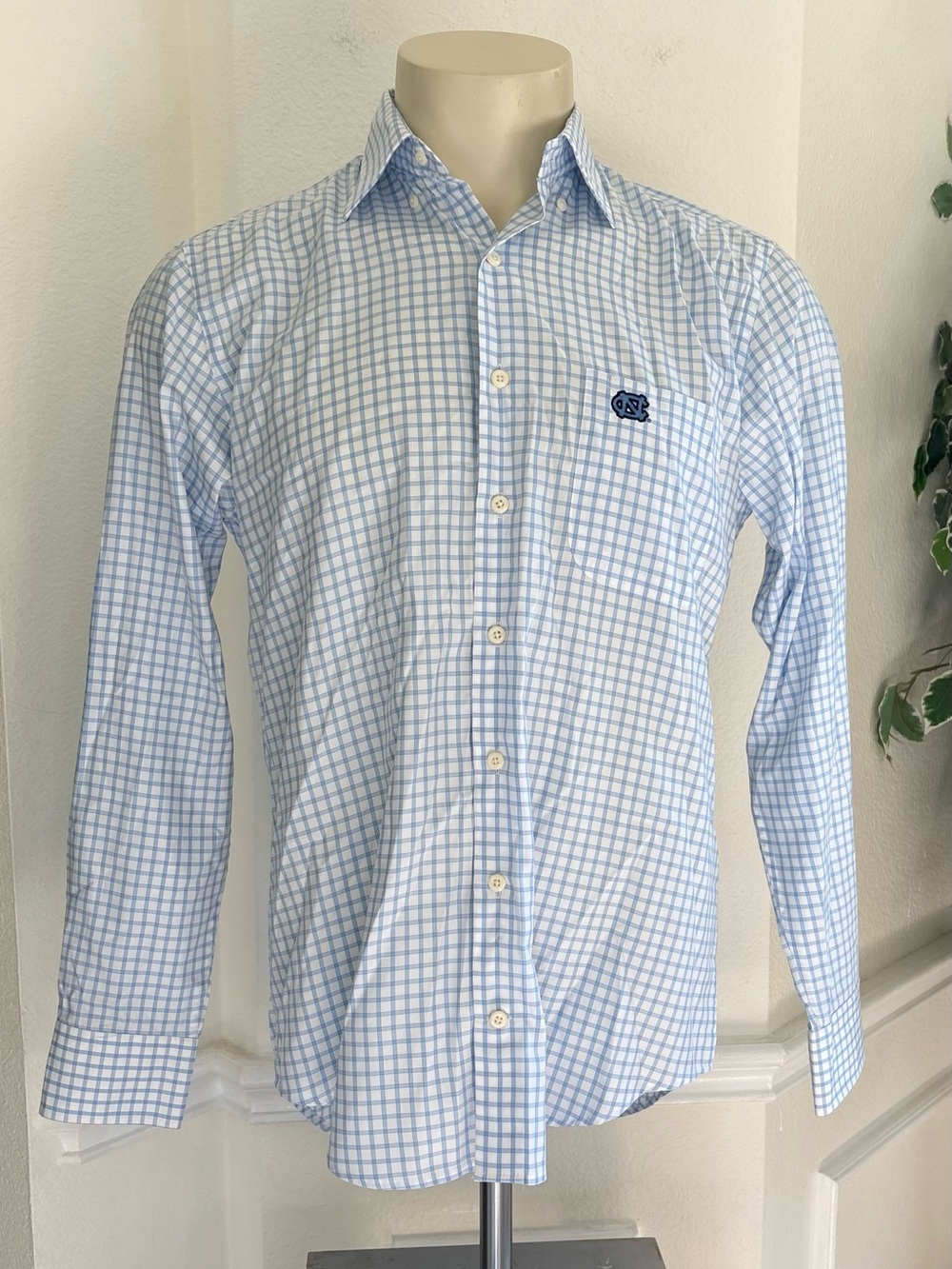 Peter Millar North Carolina Logo Light Blue Checked Dress Shirt